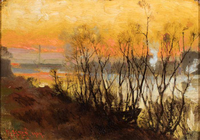 Painting of the Grand River in Grand Rapids, MI, bare trees in the foreground, an orange sky in the background